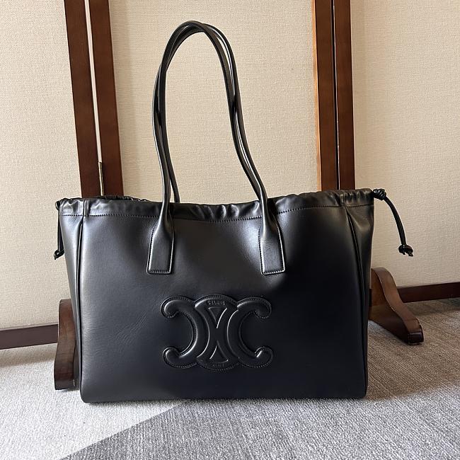 Celine Smooth Calfskin Cuir Triomphe Cabas Drawstring Black Size 44x28 x18cm - 1