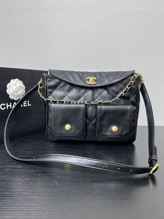 Chanel Black Quilted Caviar Supple Twins Hobo Bag Aged Gold Hardware Size 30x21.5x5cm - 1