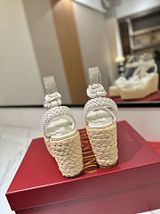 Valentino Cream White Leather VLogo Signature Raffia Espadrille Wedge Sandals - 4