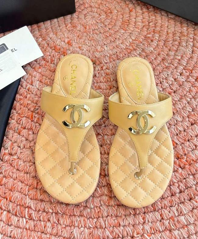 Chanel Tan Lambskin CC Thong Sandals - 1