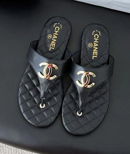 Chanel Black Lambskin CC Thong Sandals - 1
