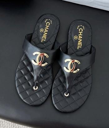 Chanel Black Lambskin CC Thong Sandals
