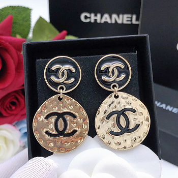 Chanel Enamel CC Disc Drop Earrings Gold Black