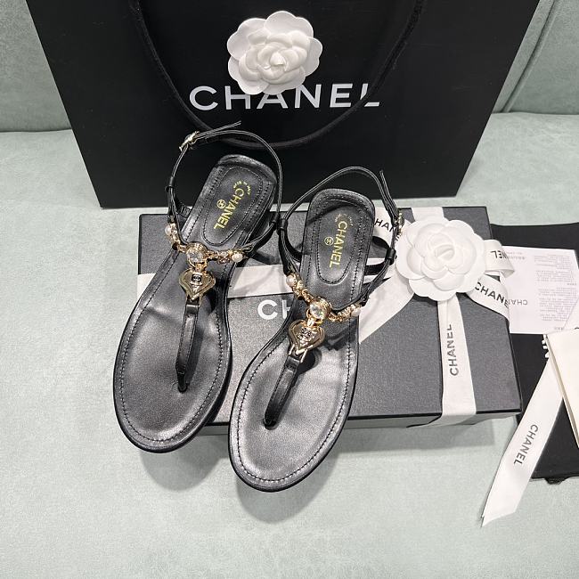 Chanel Lambskin Metal Heart Thong Sandals Black - 1