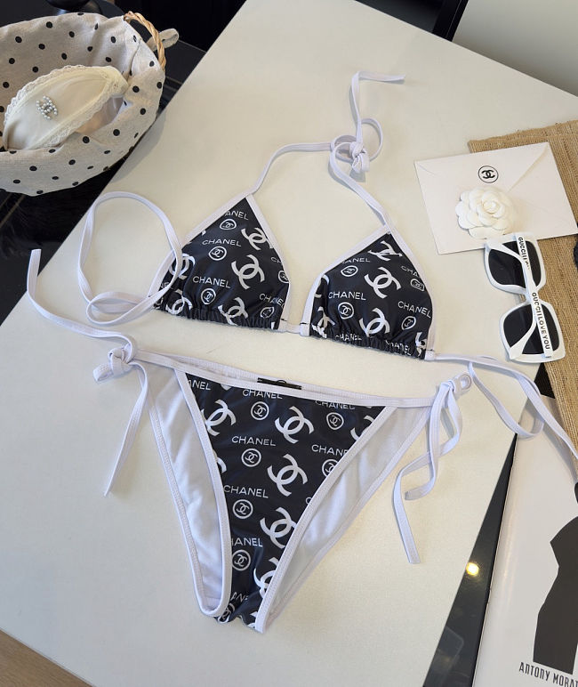 CC Oblique Print Monokini Swimsuit Black and White - 1