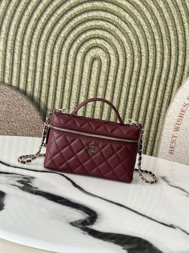 Chanel Caviar Quilted Top Handle Slim Vanity With Chain Burgundy Size 19cm - 1