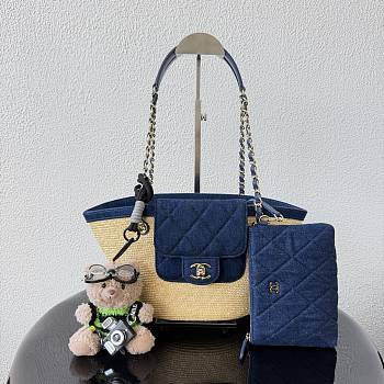 Chanel Small Coco Beach Shopping Tote Bag Bag Beige Raffia and Dark Blue Denim Light Gold Hardware