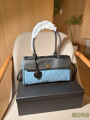 Chanel Calfskin Denim Stitched Urban Essentials Small Shopping Bag Blue Black Size 30×17×11cm