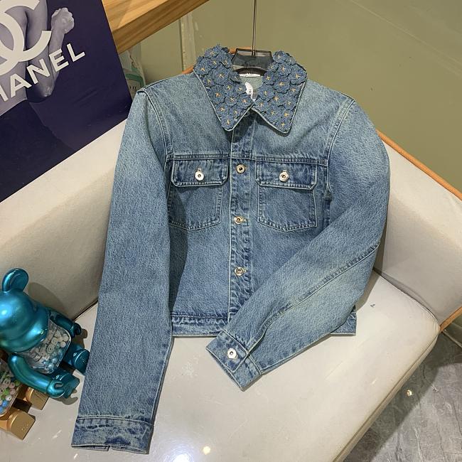 Dioriviera Cropped Jacket with Embroidered Collar Blue Stonewashed Cotton and Linen Denim 642V11Q3677_X5260 - 1