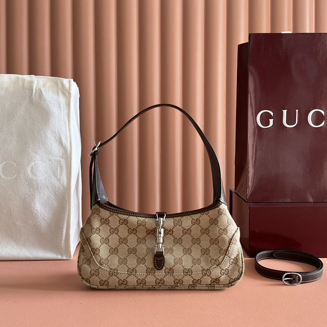 GG Supreme Grained Calfskin Medium Jackie Slim Shoulder Bag Sand Dark Brown Size 27x13x6cm - 1