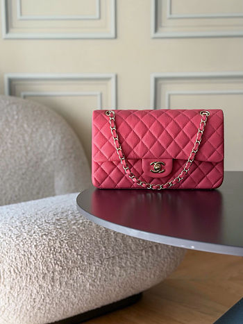 Chanel Medium Classic Double Flap Hot Pink Shiny Caviar Light Gold Hardware Size 15.5x25.5x6.5cm