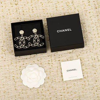 Chanel Lambskin Chain CC Drop Earrings Black Gold