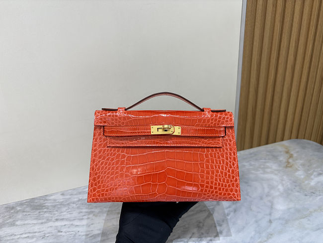 Hermès Kelly Orange Poppy Shiny Alligator Palladium Hardware Size 22cm - 1