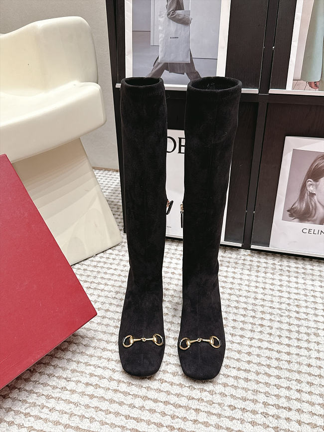 Gucci Black Suede Horsebit Knee Length Boots Heel height 5.5cm - 1