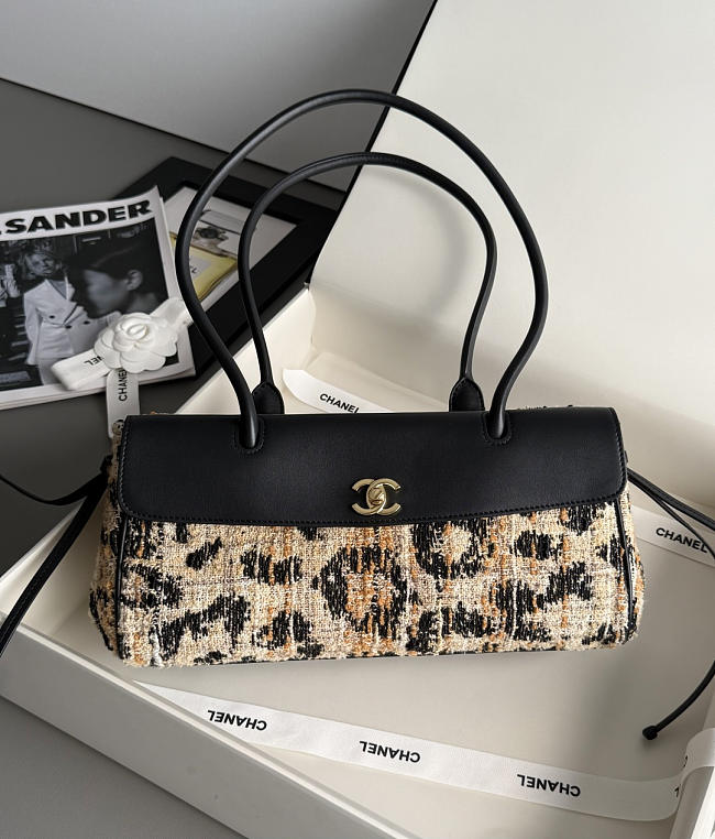Chanel Calfskin Tweed Mixed Fibers Leopard Print Urban Essentials Small Shopping Bag Brown Black White - 1