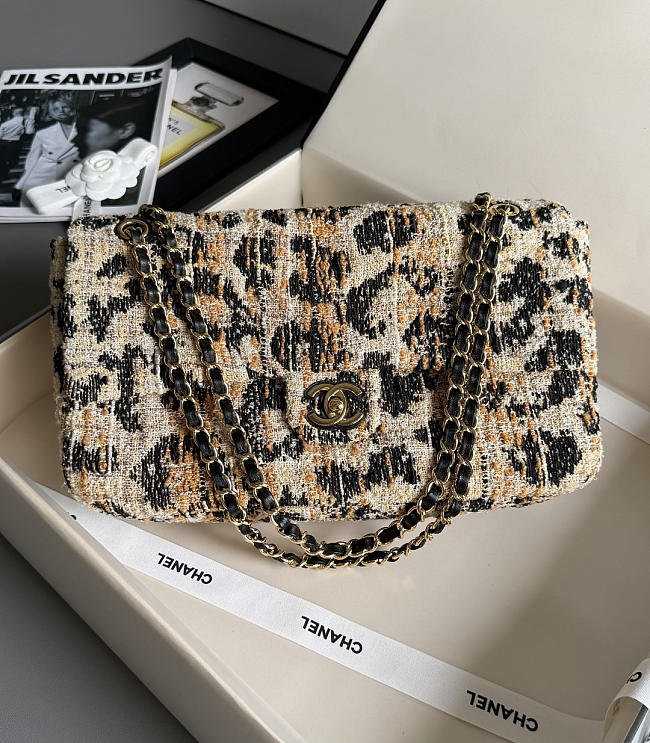 Chanel Tweed Mixed Fibers Leopard Print Small Souplissimo Maxi Flap Brown Black White Handbag - 1
